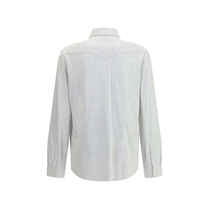 Back view of Brunello Cucinelli Gray Cotton Shirt with classic collar and snap button cuffs, showcasing knit texture. Made in Italy.