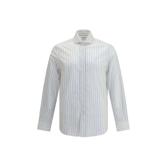 Brunello Cucinelli White Cotton Pattern Shirt with striped design, classic collar, and button closure, made in Italy.