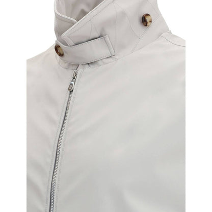 Brunello Cucinelli Gray Polyamide Shell Jacket with structured collar and zipper closure, showcasing sporty elegance and functionality.