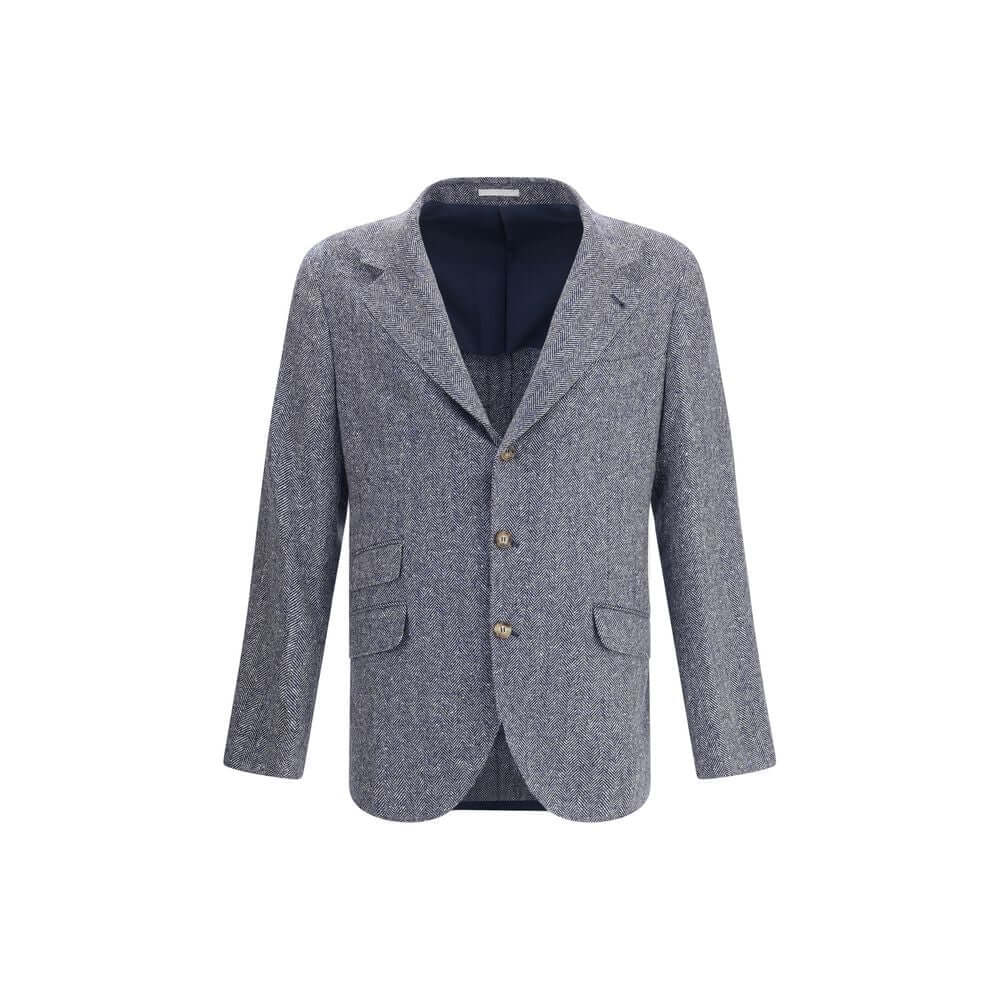 Brunello Cucinelli Blue Wool Blazer with herringbone pattern, classic lapels, button closure, and pockets. Made in Italy.
