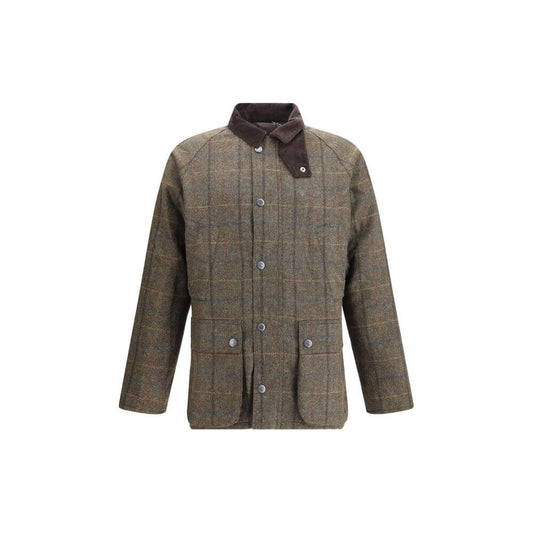 Barbour Green Wool Coat with check pattern and corduroy collar, featuring front snap closure and flap pockets, AW25 season, regular fit.