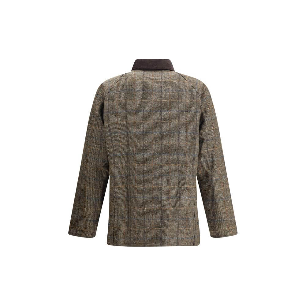 Back view of Barbour Green Wool Coat with check pattern and corduroy collar, showcasing classic British style and functional elegance.