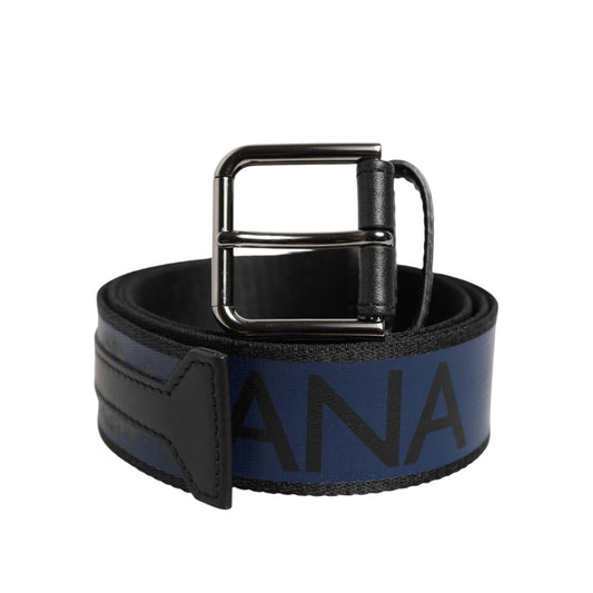 Dolce & Gabbana Black Blue DG Logo Silver Metal Buckle Belt with calf leather and polyester, showing noticeable wear on the logo area.