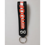 Dolce & Gabbana Black Red Logo Polyester Brass Holder Keychain Keyring with silver-tone hardware and bold DG logo design.