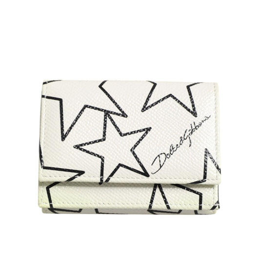 Dolce & Gabbana White Leather Trifold DG Star Print Card Holder Wallet with playful star design and luxury craftsmanship.