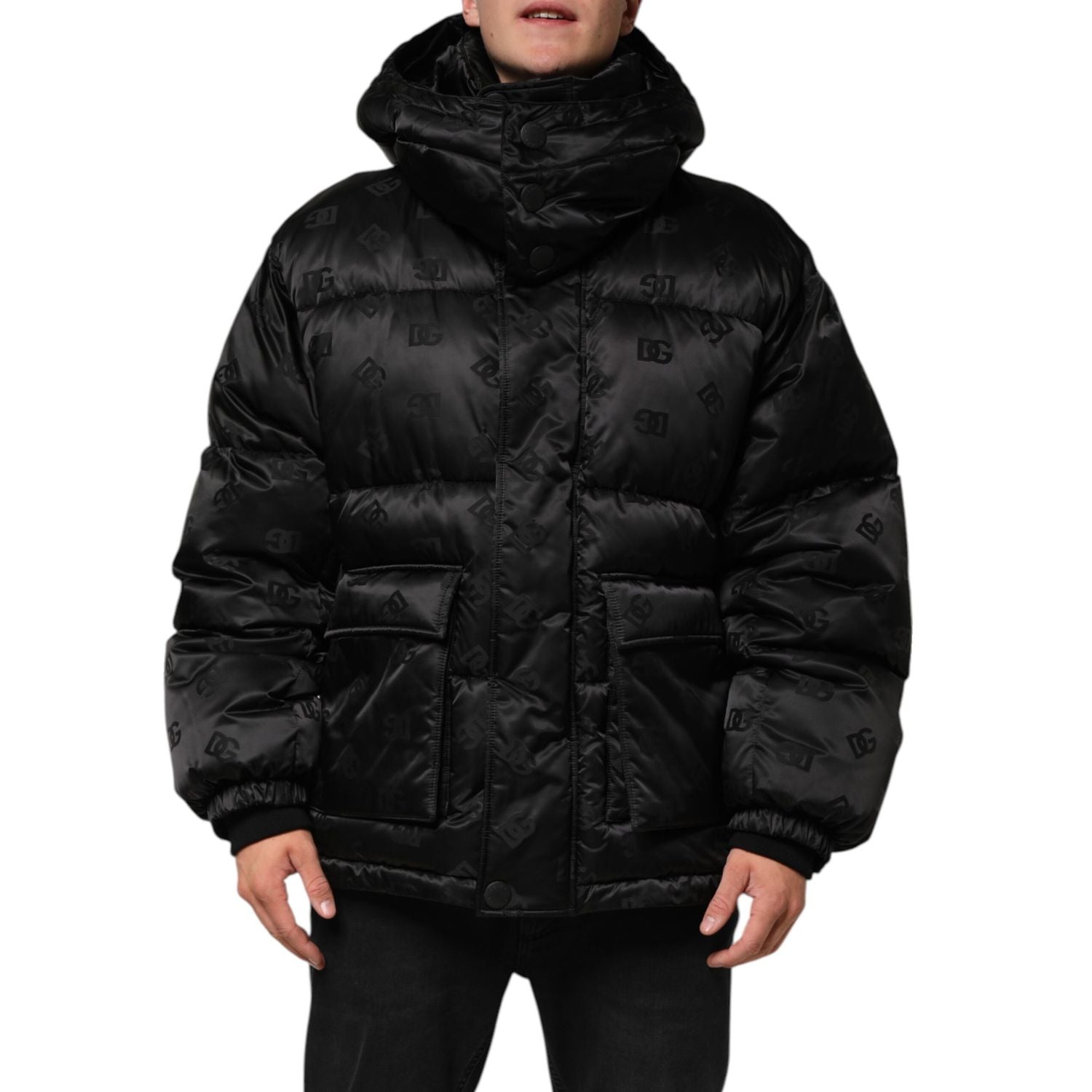 Dolce & Gabbana Black Monogram Logo Puffer Nylon Hooded Jacket