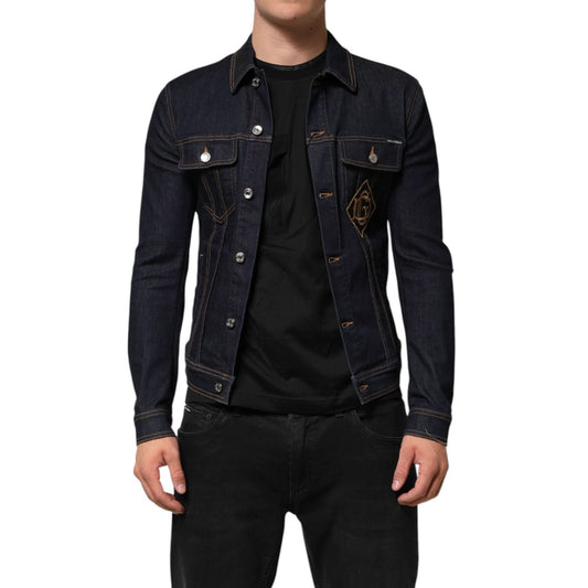 Dolce & Gabbana Indigo Blue Denim Slim Fit Logo Patch Jacket featuring contrast stitching and logo buttons.