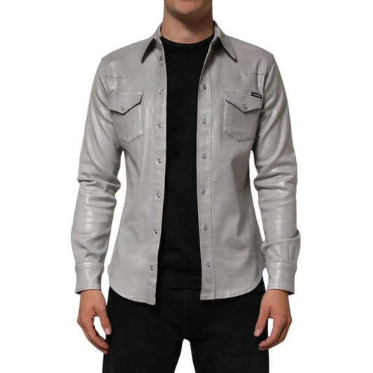 Dolce & Gabbana Gray Coated Cotton Snap Button Logo Men Shirt in metallic finish with front flap pockets.