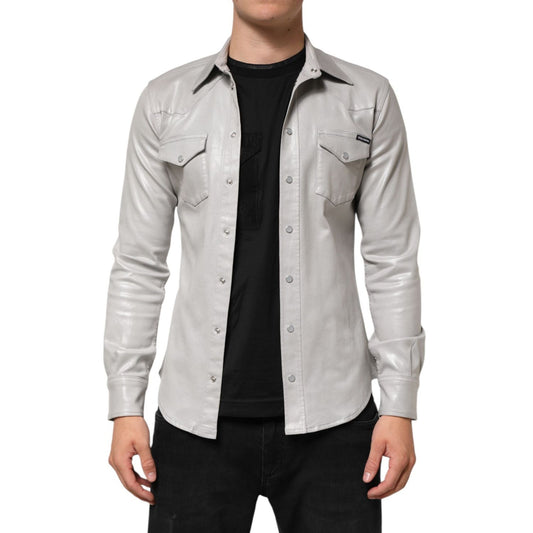 Dolce & Gabbana Metallic Gray Cotton Button Down Men Shirt with long sleeves and front closure, modeled on a man wearing black pants.