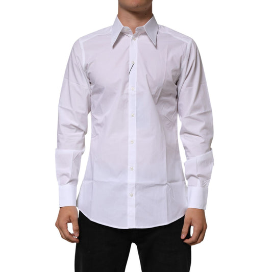 Dolce & Gabbana White Cotton Slim Fit Dress Formal Men Shirt in premium cotton with button closure, perfect for upscale occasions.