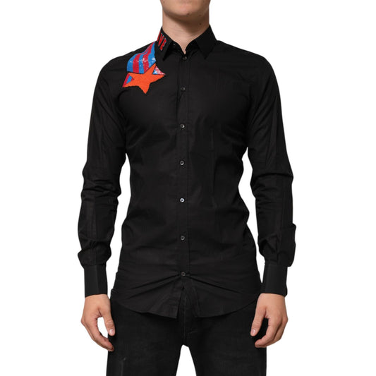 Dolce & Gabbana Black Cotton Star Sequin Dress Formal Men Shirt with embroidered patch and 'LOVE' collar detail.