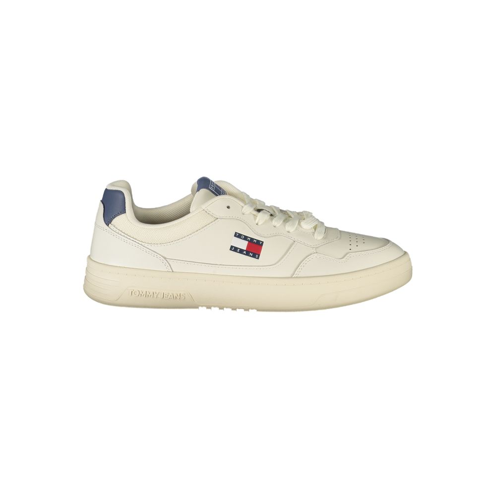 Tommy Hilfiger White Leather Men Sneaker with blue accents and iconic logo, perfect for casual occasions, featuring a removable footbed.