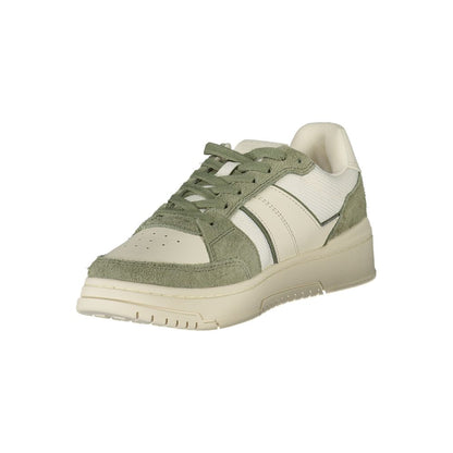 Tommy Hilfiger White Leather Men Sneaker with green accents, showcasing sporty sophistication and style.
