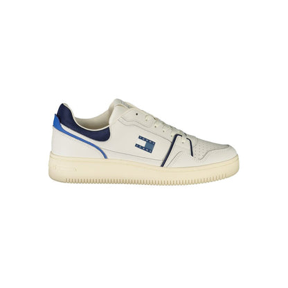 Tommy Hilfiger White Leather Men Sneaker with blue accents and iconic logo, showcasing stylish comfort and sporty sophistication.