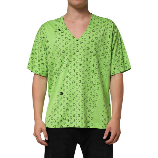 Dolce & Gabbana Green V-Neck DG Logo Heart Print T-shirt modeled front view.