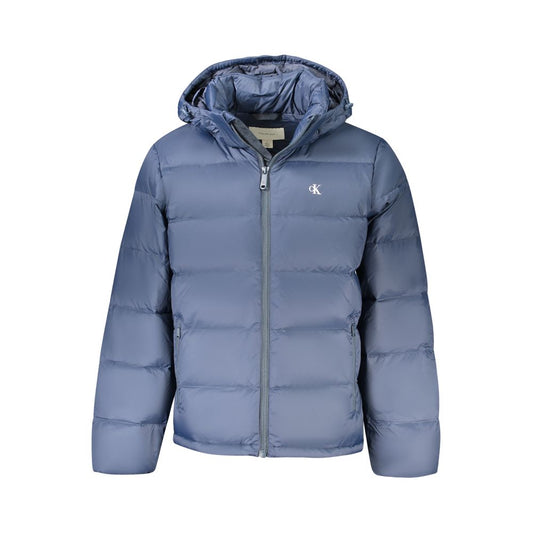 Calvin Klein Blue Polyamide Men Jacket with removable hood and eco-friendly design offering wind and water resistance.