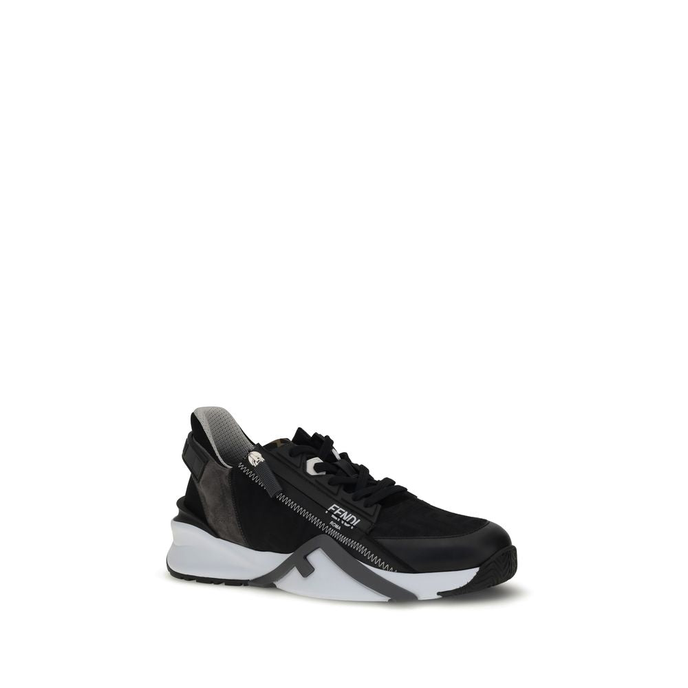Fendi Gray Calf Leather Bos Taurus Athletic Sneakers with black FF jacquard nylon, gray suede, and wavy white rubber sole.