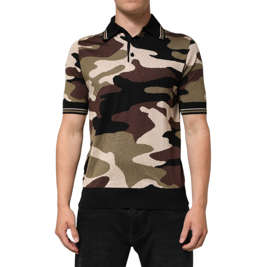 Dolce & Gabbana Camouflage Brown Silk Military Polo T-shirt featuring a luxurious camouflage pattern, short sleeves, and black trim.
