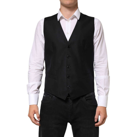 Dolce & Gabbana Black Wool Dress Formal Men Waistcoat Vest with classic style, perfect for weddings and business events.