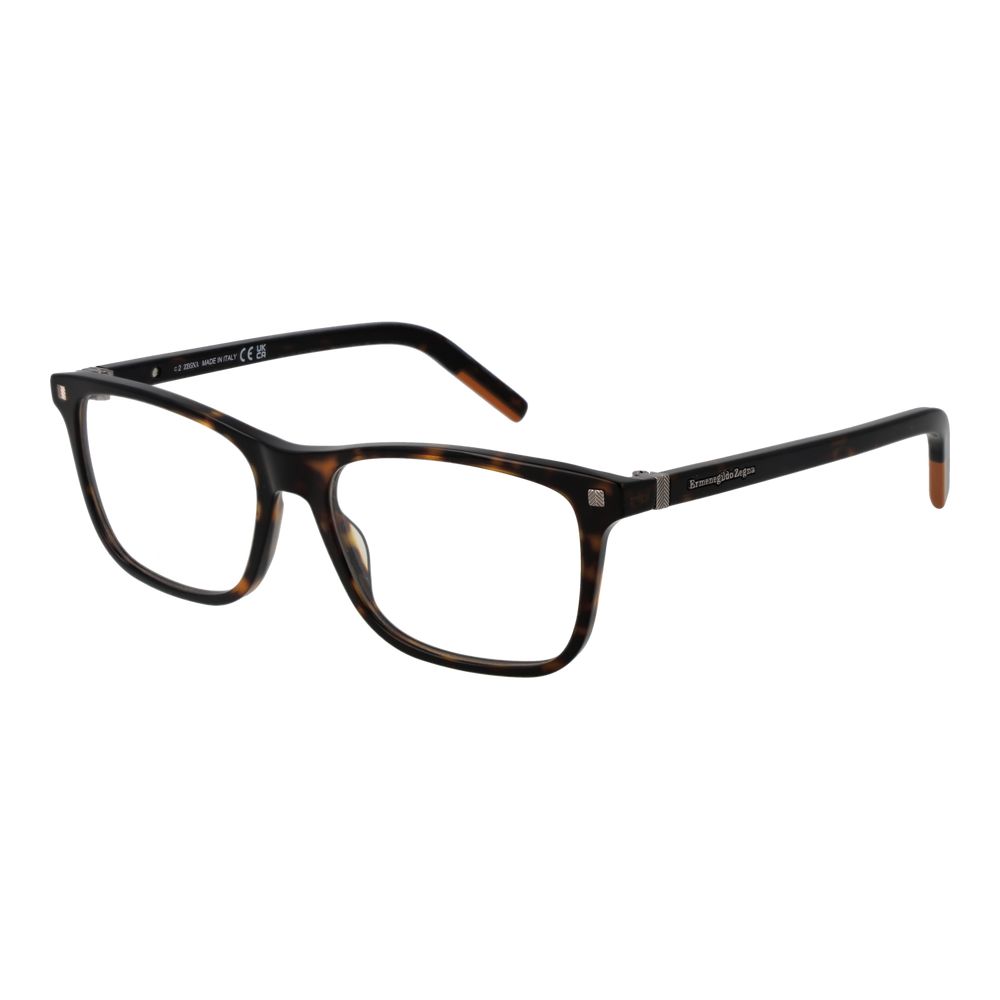 Ermenegildo Zegna Brown Men Glasses Frame with acetate material, full-rim rectangle style, demo lenses, and branded case.