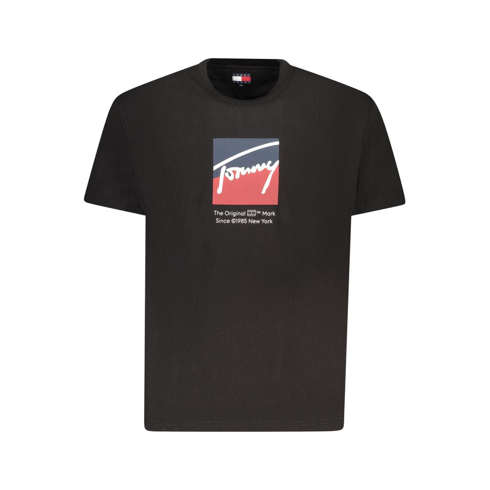 Tommy Hilfiger Black Cotton Men T-Shirt with logo and print, short-sleeved crew neck made from 95% regenerative cotton.