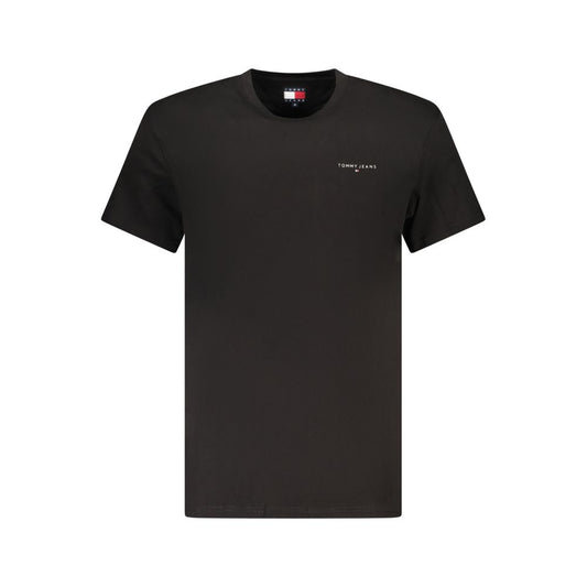 Tommy Hilfiger Black Cotton Men T-Shirt with logo, short-sleeved crewneck, sustainable material, casual luxury fashion style.
