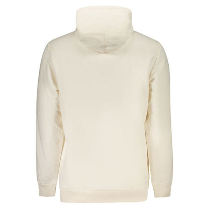 Back view of Tommy Hilfiger White Cotton Men Sweater showcasing eco-conscious design with hoodie and central pocket.