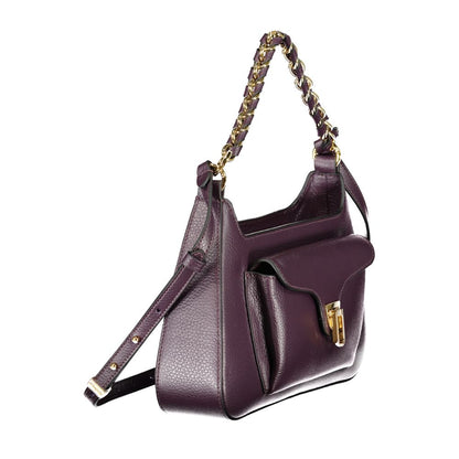 Coccinelle Purple Leather Women Handbag with chain shoulder strap and adjustable handle, featuring Italian craftsmanship and iconic logo.