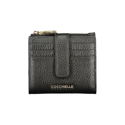Coccinelle Black Leather Women Wallet with metallic logo and card slots, showcasing elegant Italian design and functionality.