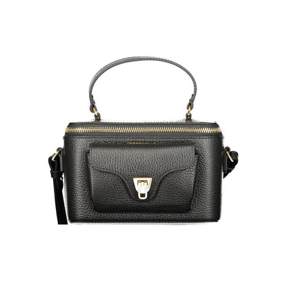 Coccinelle Black Leather Women Handbag with practical external pocket and secure closure, showcasing Italian luxury and style.