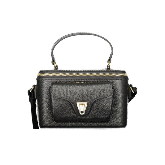 Coccinelle Black Leather Women Handbag with external pocket and swivel closure, showcasing luxury Italian craftsmanship.