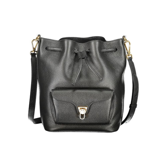 Coccinelle Black Leather Women Handbag with gold accents and adjustable shoulder strap, front view.