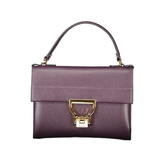 Coccinelle Purple Leather Women Handbag with gold clasp, Italian design, featuring single handle and adjustable shoulder strap.
