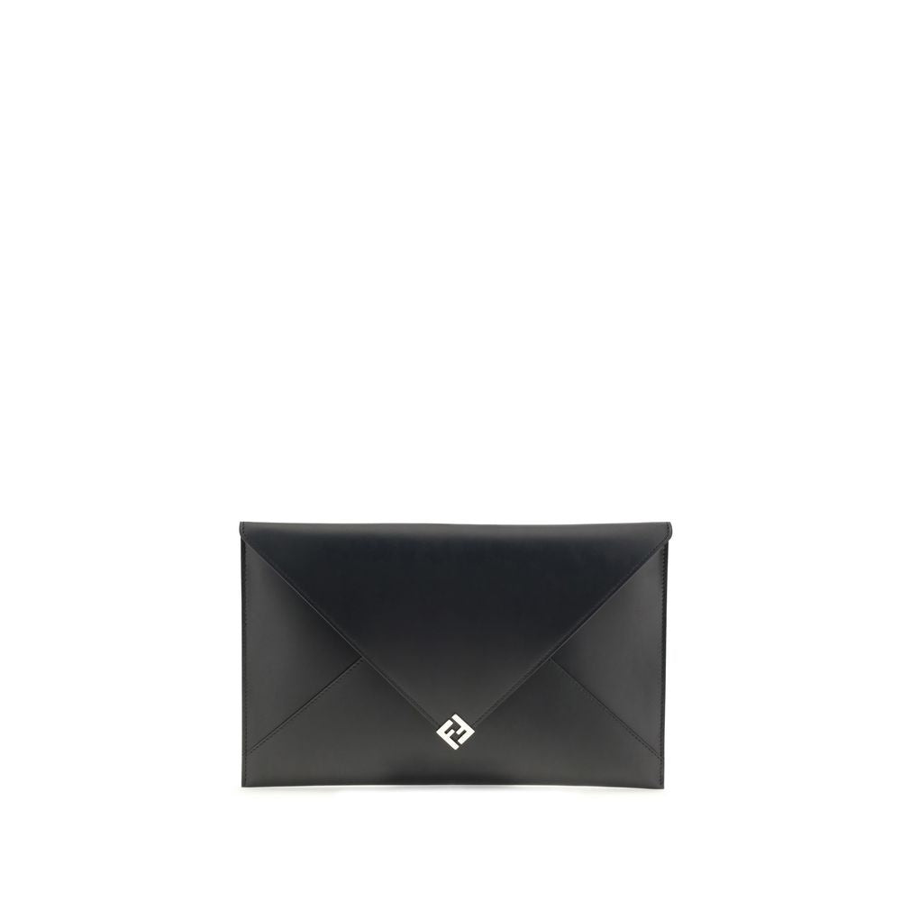 Fendi Black Leather Clutch Bag with snap-button closure and metallic accessories, featuring 8 card slots and a practical cuff handle.