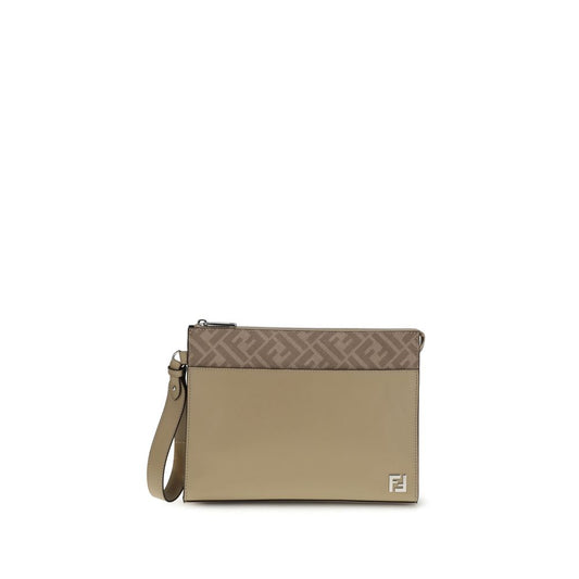 Fendi Beige Leather Clutch Bag with FF logo, removable cuff handle, and palladium-finish metal hardware, showcasing elegance and versatility.