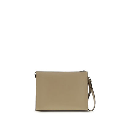 Fendi Beige Leather Clutch Bag with FF metal logo, zipper closure, and removable cuff handle, crafted with smooth leather and palladium-finish hardware.