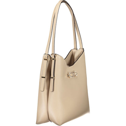 Guess Jeans Beige Polyethylene Women Handbag with dual shoulder handles and exterior pocket, showcasing elegance and practicality.
