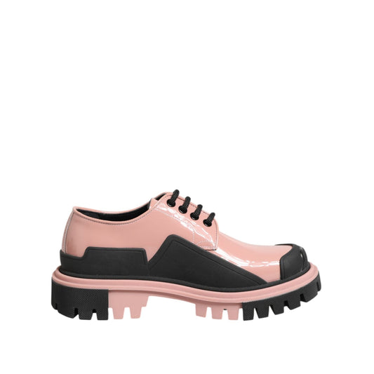 Dolce & Gabbana Light Powder Pink Black Leather Lace-Up Shoes featuring a chunky sole and patent leather finish
