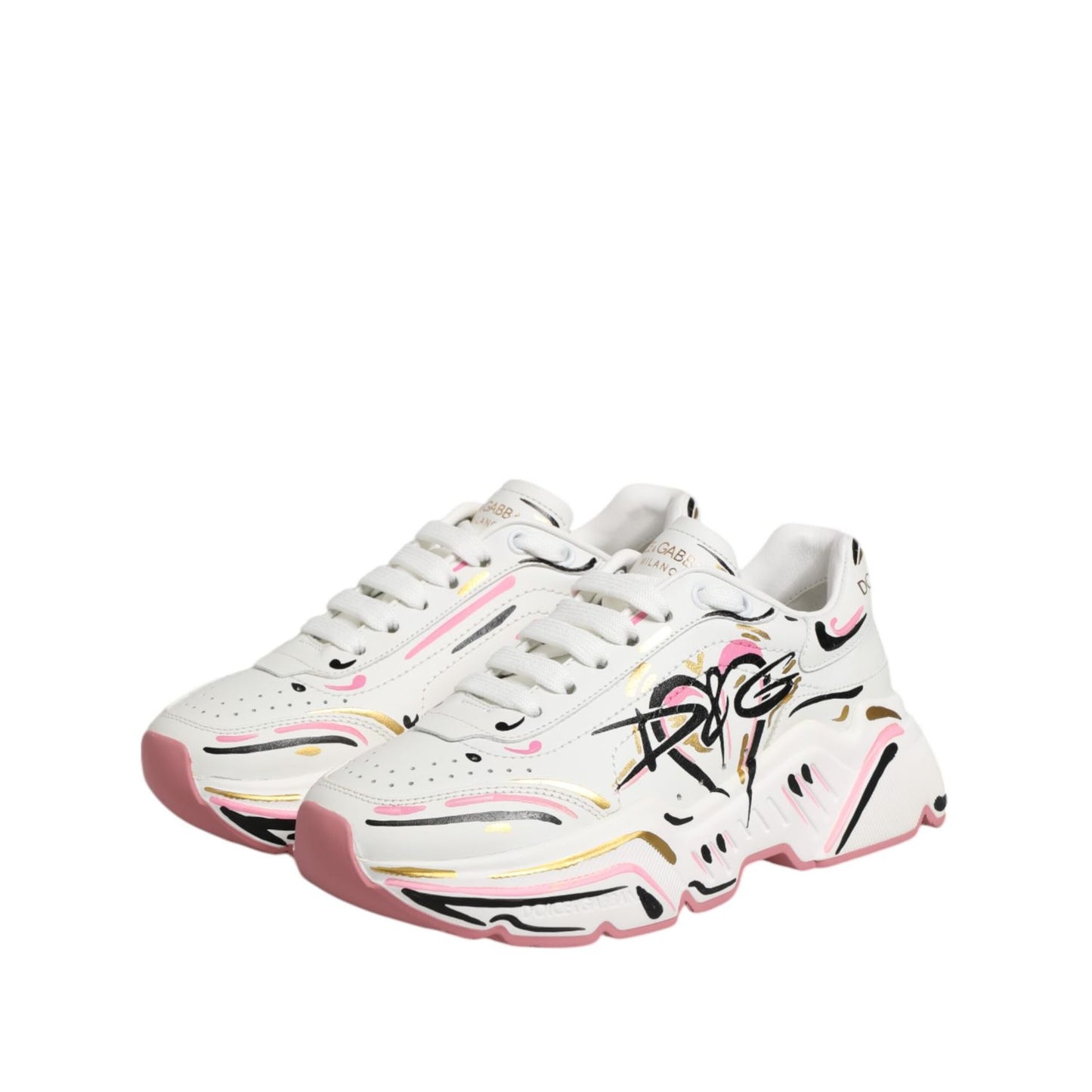 Dolce & Gabbana Multicolor Hand Painted DAYMASTER Sneaker Shoes with chunky sole and artistic design, white leather with pink accents.