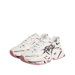 Dolce & Gabbana Multicolor Hand Painted DAYMASTER Sneaker Shoes with chunky sole and artistic design, white leather with pink accents.