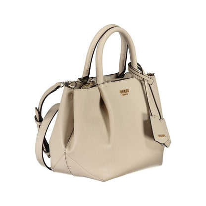 Guess Jeans Beige Polyethylene Women Handbag with detachable strap and dual handles, featuring structured silhouette and Guess logo.