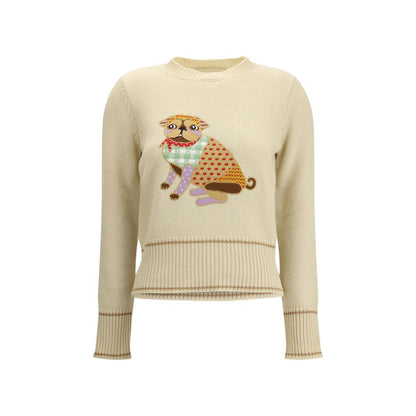 Valentino Cream Fleece Wool Sweatshirt with Le Chien de la Maison embroidery, crew neck, and ribbed trim for elegant style.
