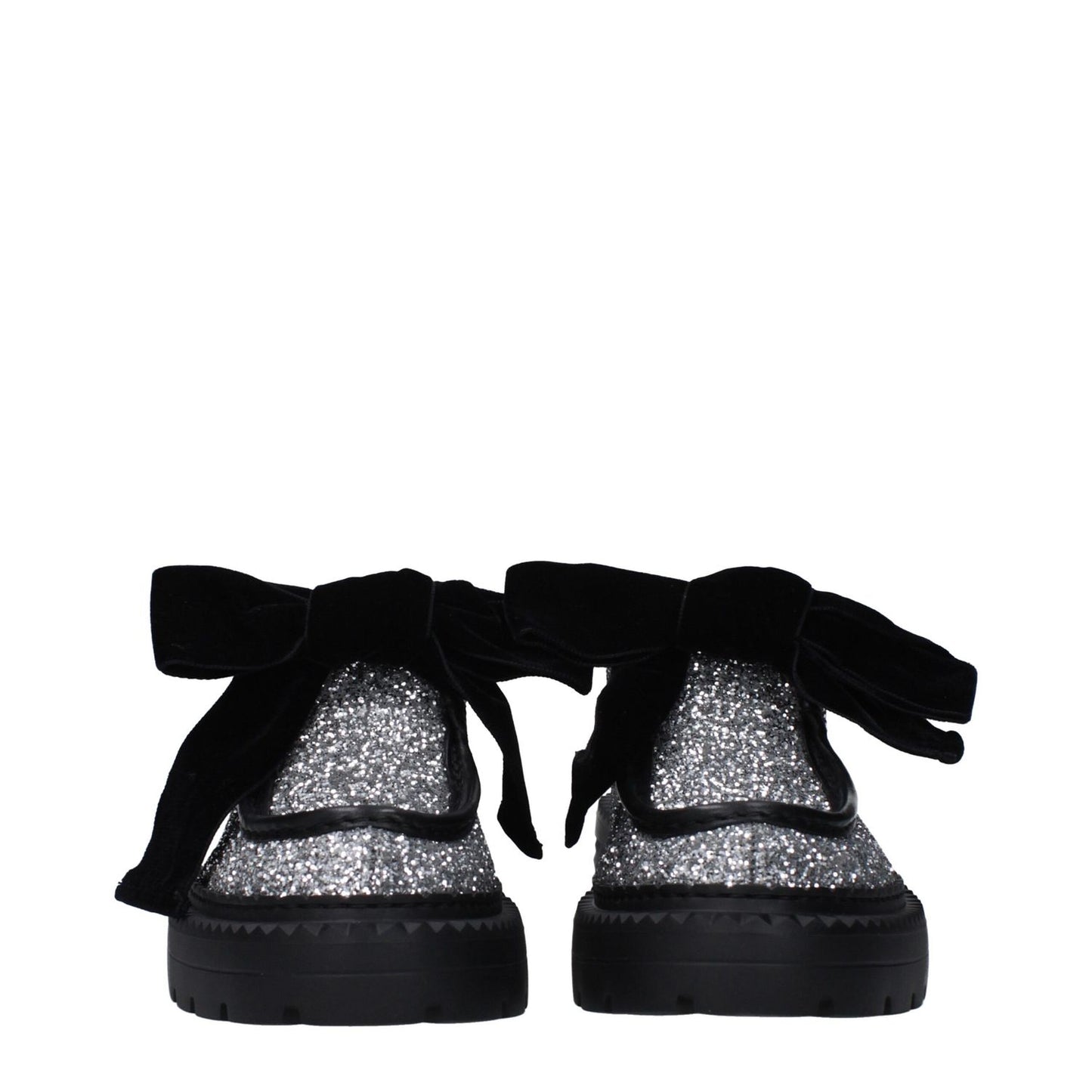Jimmy Choo Gray Plastic Slip-On Loafers with glitter, black bows, and round toe design, featuring rubber sole and mid heels.