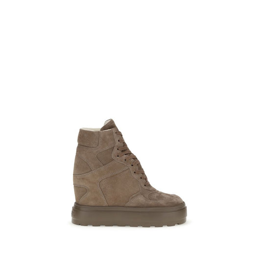 Caribou-colored Casadei Wedge Sneakers in suede calfskin with lace-up closure and rubber lugged bottom.