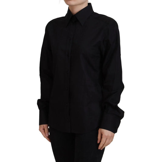 Dolce & Gabbana Black Cotton Collared Long Sleeves Shirt, button closure, minor defect on sleeve, elegant Italian design.