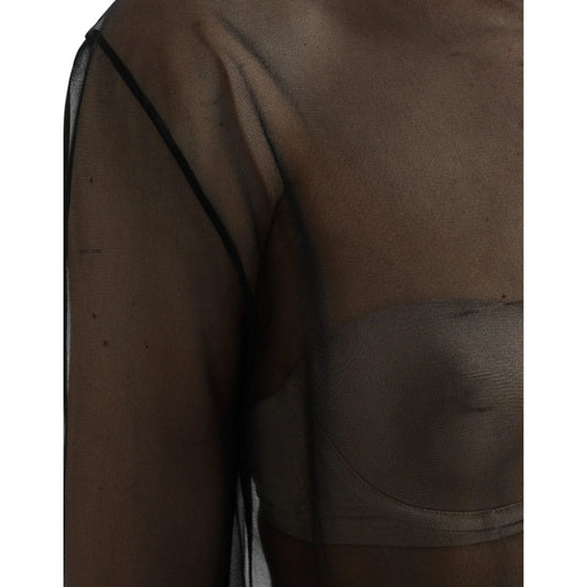 Dolce & Gabbana Black Mesh Turtleneck Sheer Blouse Top with long sleeves and minor defect, showcasing close-up of sheer material.