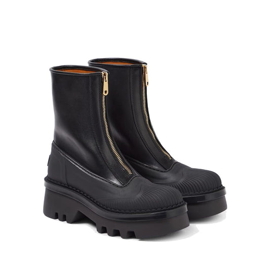 Chloé Raina Leather Boots with round toe, front zip closure, and branded insole, made from 100% calf leather, women's footwear.