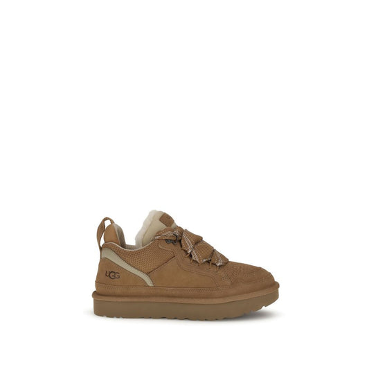 UGG Lowmel Sneakers in tan, featuring recycled canvas, suede, padded collar, and sustainable EVA outsole.