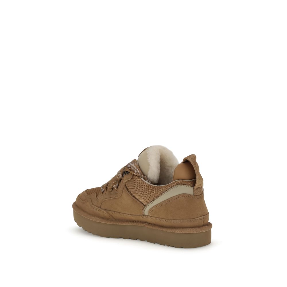 Side view of UGG Lowmel Sneakers with recycled canvas and suede upper, eco-friendly design, and brown fabric heel strap.