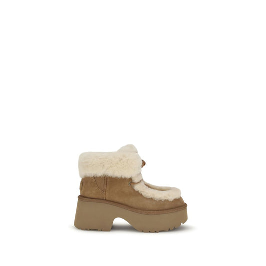 UGG Classic Esmee Ankle Boots with suede upper and exposed shearling stitching, showcasing a cozy, stylish design.